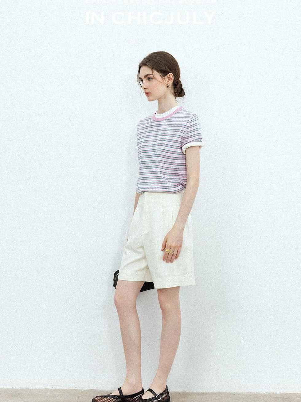 chicjuly Contrast Stripe Knit Crewneck Women's Wool Short Sleeve T-shirts