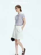 chicjuly Contrast Stripe Knit Crewneck Women's Wool Short Sleeve T-shirts