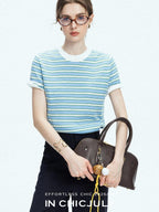 chicjuly Contrast Stripe Knit Crewneck Women's Wool Short Sleeve T-shirts