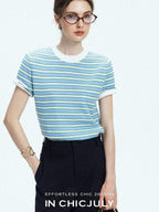 chicjuly Contrast Stripe Knit Crewneck Women's Wool Short Sleeve T-shirts