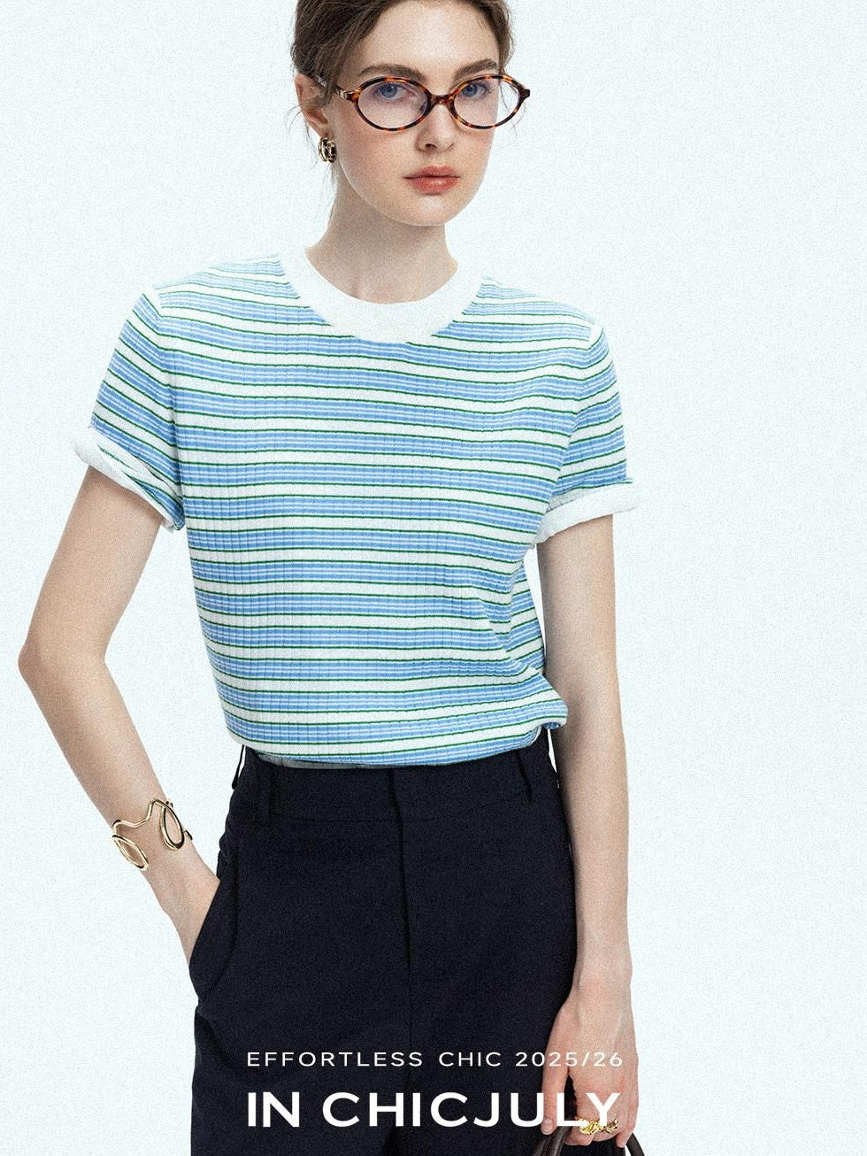 chicjuly Contrast Stripe Knit Crewneck Women's Wool Short Sleeve T-shirts