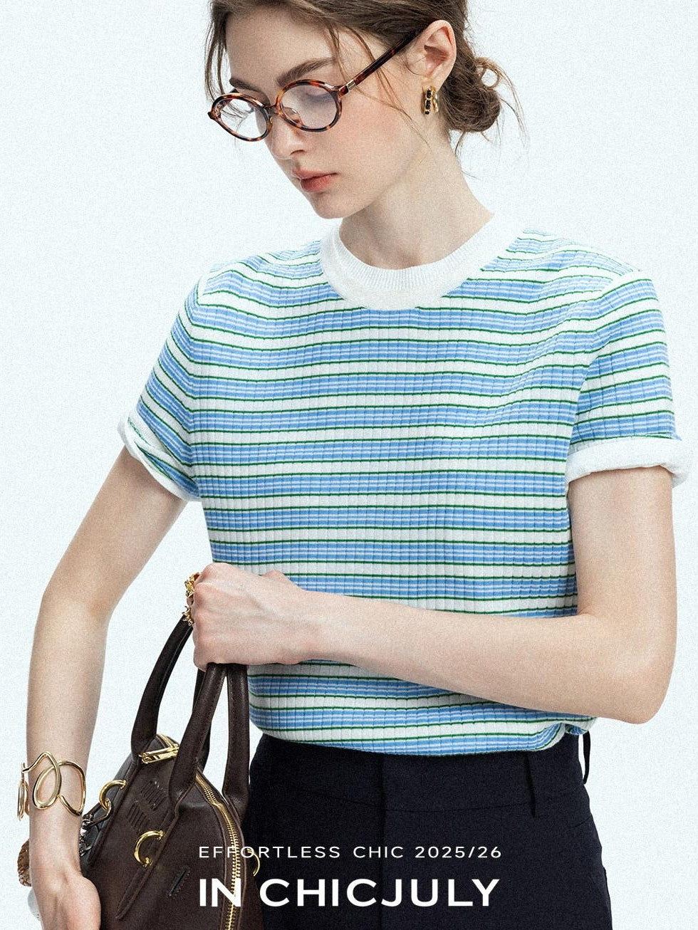 chicjuly Contrast Stripe Knit Crewneck Women's Wool Short Sleeve T-shirts