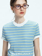 chicjuly Contrast Stripe Knit Crewneck Women's Wool Short Sleeve T-shirts