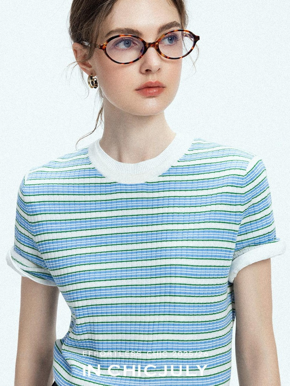 chicjuly Contrast Stripe Knit Crewneck Women's Wool Short Sleeve T-shirts