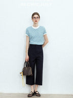 chicjuly Contrast Stripe Knit Crewneck Women's Wool Short Sleeve T-shirts