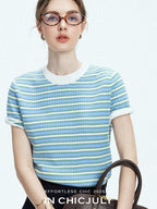 chicjuly Contrast Stripe Knit Crewneck Women's Wool Short Sleeve T-shirts