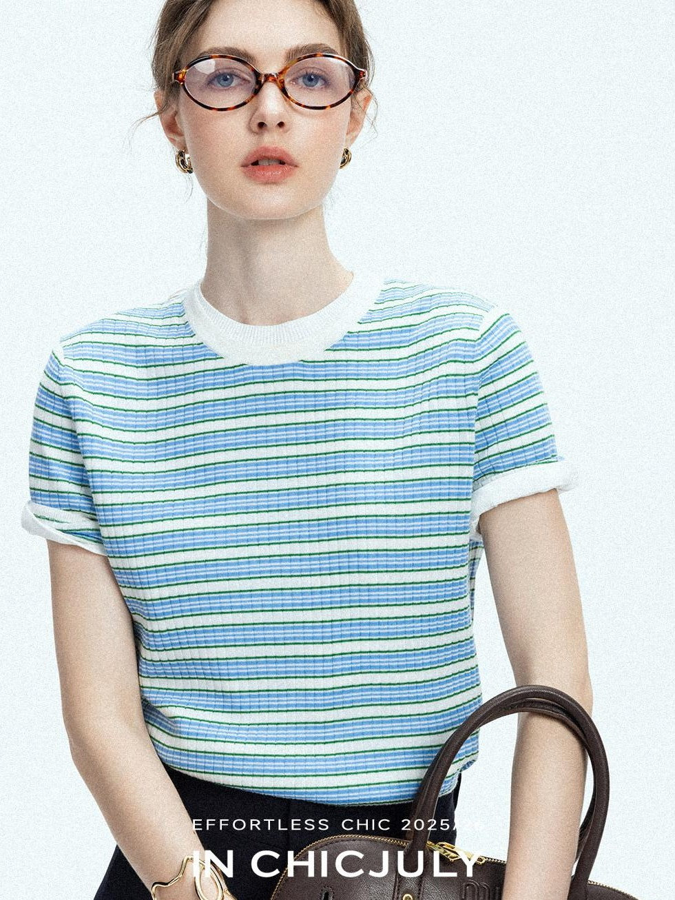 chicjuly Contrast Stripe Knit Crewneck Women's Wool Short Sleeve T-shirts