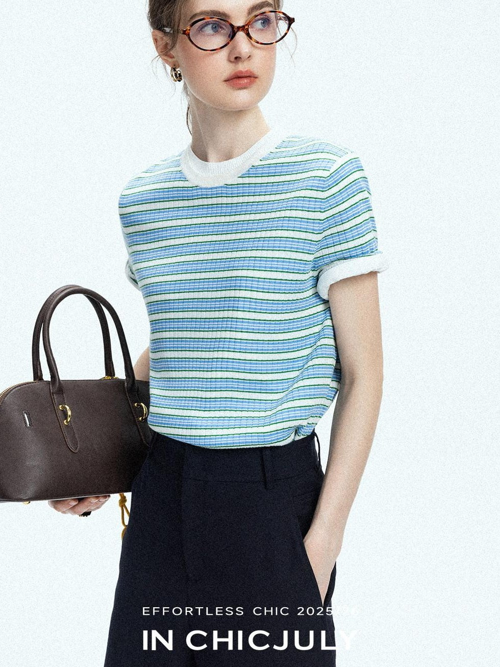 chicjuly Contrast Stripe Knit Crewneck Women's Wool Short Sleeve T-shirts