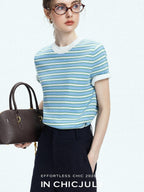 chicjuly Contrast Stripe Knit Crewneck Women's Wool Short Sleeve T-shirts