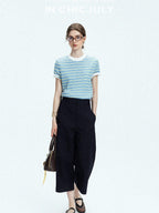 chicjuly Contrast Stripe Knit Crewneck Women's Wool Short Sleeve T-shirts
