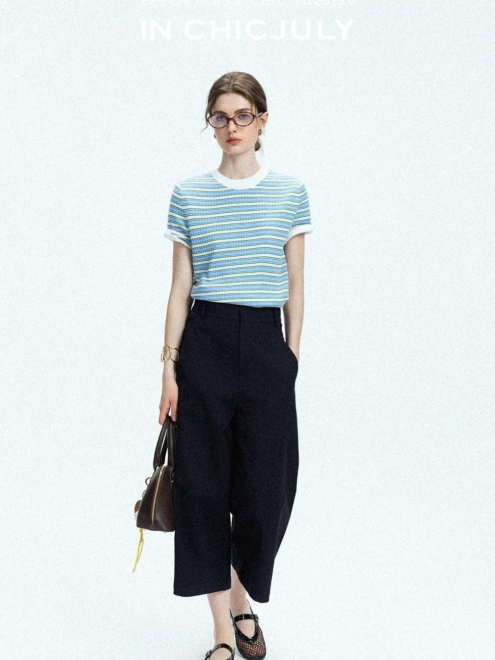 chicjuly Contrast Stripe Knit Crewneck Women's Wool Short Sleeve T-shirts