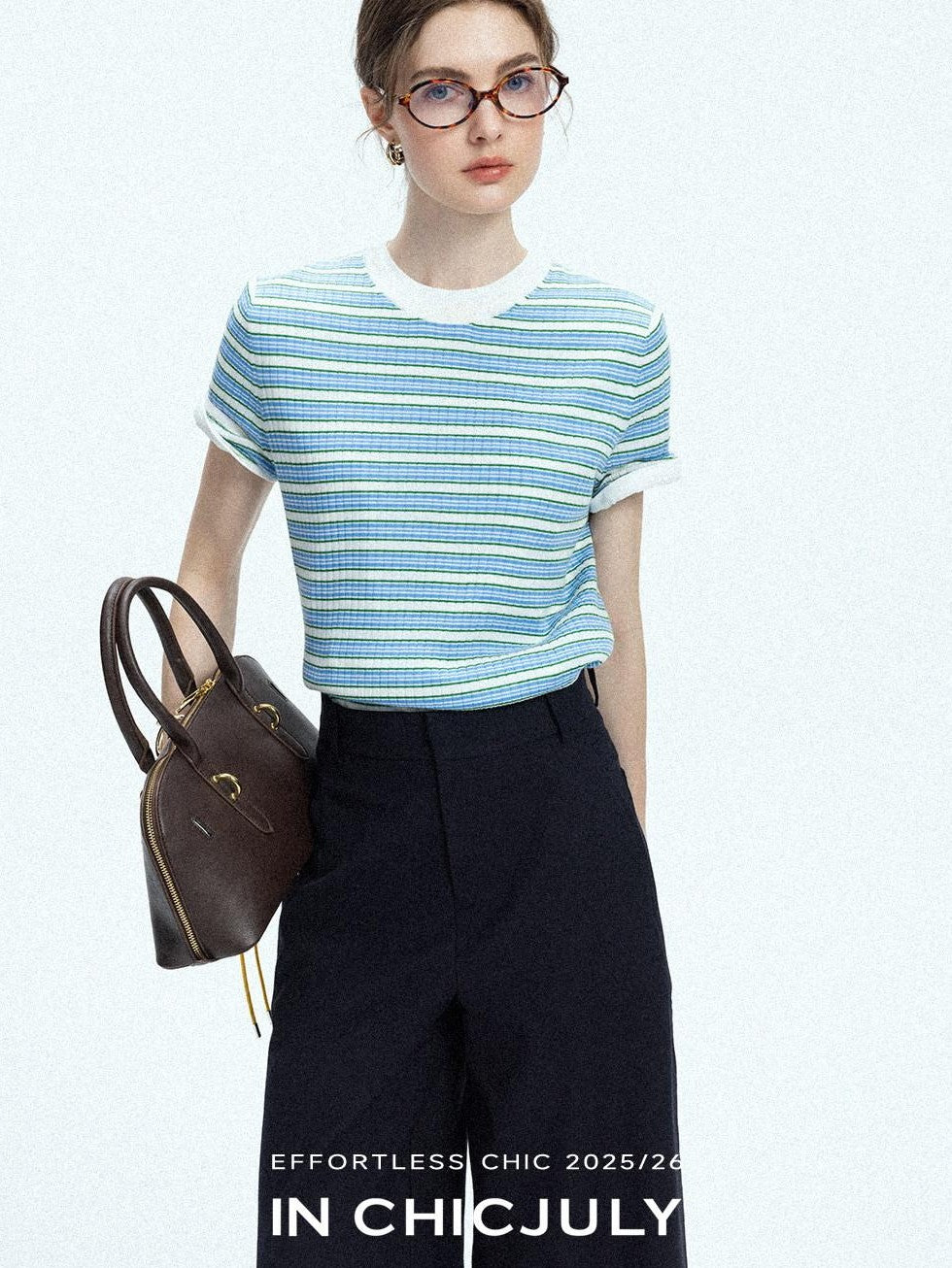 chicjuly Contrast Stripe Knit Crewneck Women's Wool Short Sleeve T-shirts