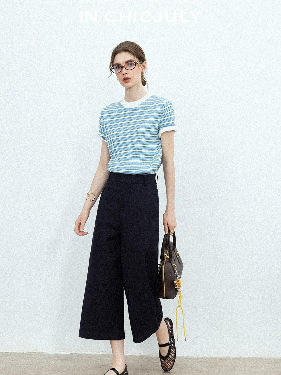chicjuly Contrast Stripe Knit Crewneck Women's Wool Short Sleeve T-shirts
