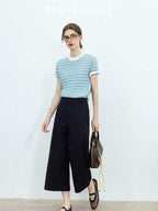 chicjuly Contrast Stripe Knit Crewneck Women's Wool Short Sleeve T-shirts
