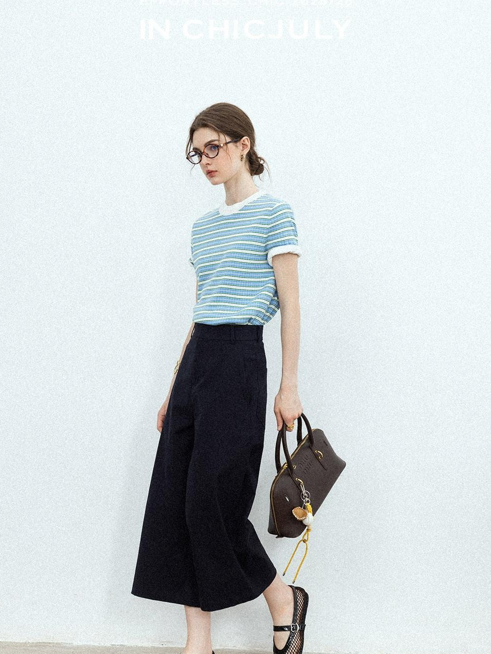 chicjuly Contrast Stripe Knit Crewneck Women's Wool Short Sleeve T-shirts