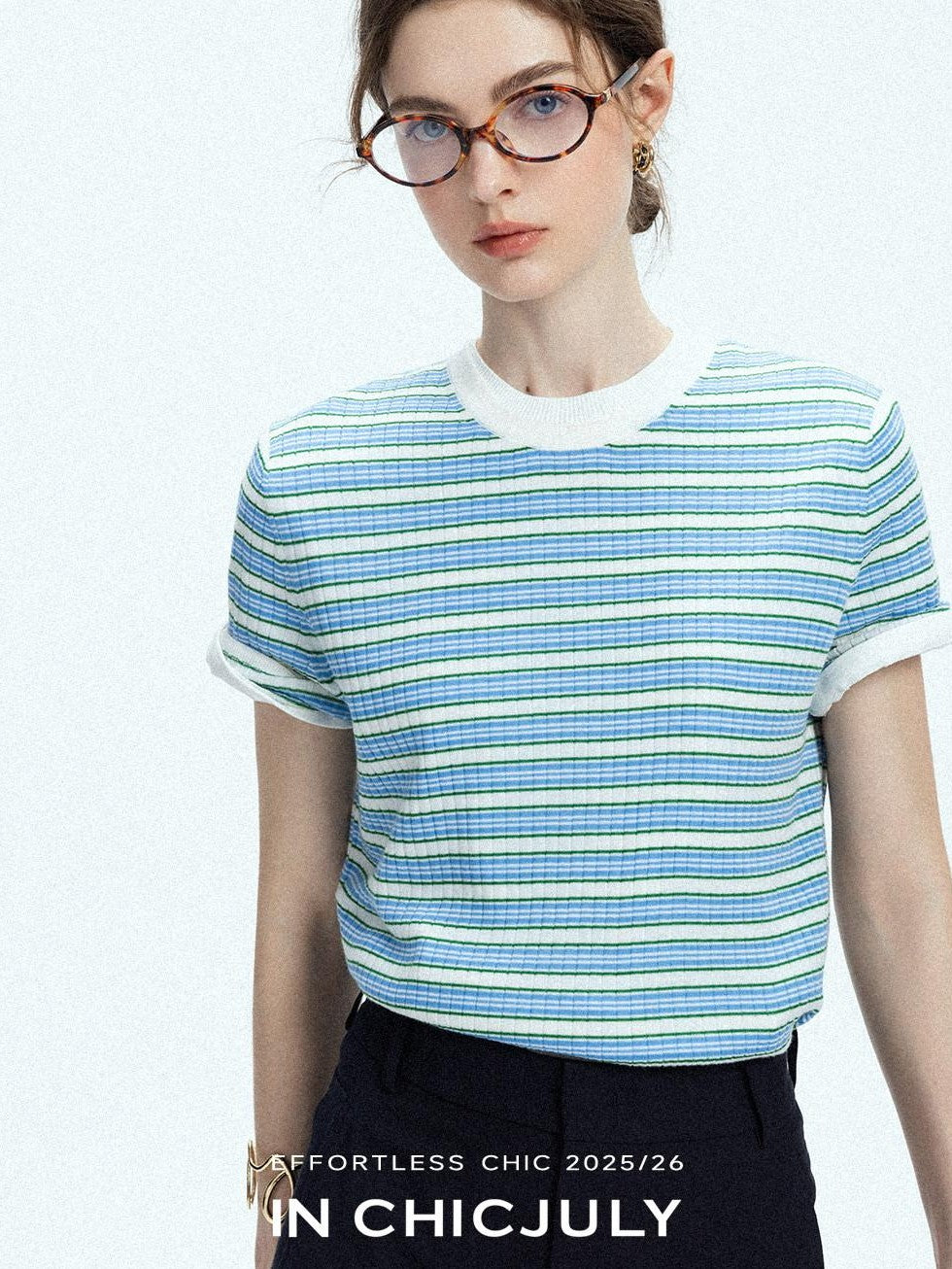 chicjuly Contrast Stripe Knit Crewneck Women's Wool Short Sleeve T-shirts