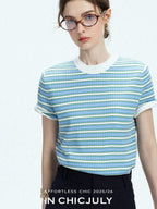 chicjuly Contrast Stripe Knit Crewneck Women's Wool Short Sleeve T-shirts