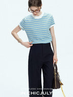 chicjuly Contrast Stripe Knit Crewneck Women's Wool Short Sleeve T-shirts