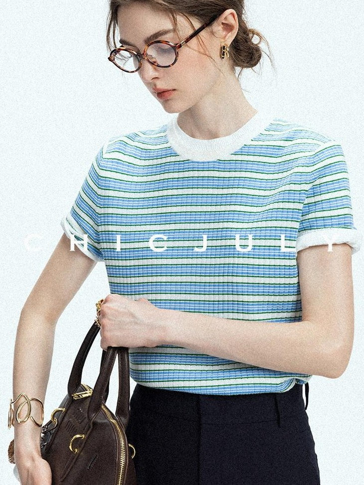 chicjuly Contrast Stripe Knit Crewneck Women's Wool Short Sleeve T-shirts