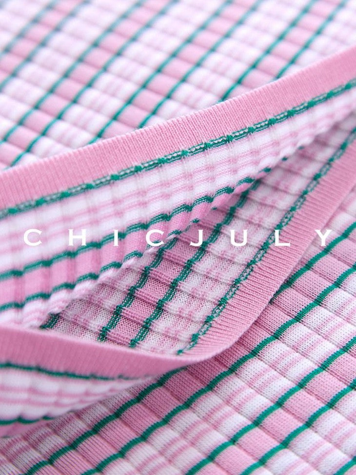 chicjuly Contrast Stripe Knit Crewneck Women's Wool Short Sleeve T-shirts