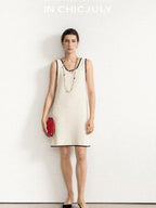 chicjuly Contrast Tweed Handmade Crochet Floral Women's Silk Tencel Slip Midi Dresses