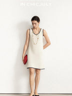 chicjuly Contrast Tweed Handmade Crochet Floral Women's Silk Tencel Slip Midi Dresses