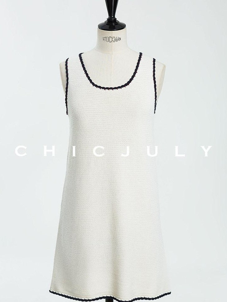 chicjuly Contrast Tweed Handmade Crochet Floral Women's Silk Tencel Slip Midi Dresses