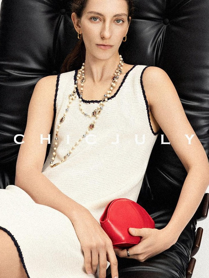 chicjuly Contrast Tweed Handmade Crochet Floral Women's Silk Tencel Slip Midi Dresses