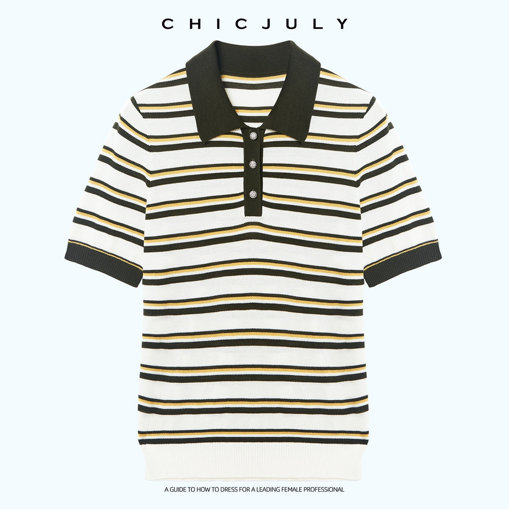 chicjuly Cream Chocolate Colorblock Striped Women's Lyocell Silk Short Sleeve T-shirts 1043889644742