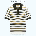 chicjuly Cream Chocolate Colorblock Striped Women's Lyocell Silk Short Sleeve T-shirts 1043889644742