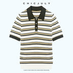 chicjuly Cream Chocolate Colorblock Striped Women's Lyocell Silk Short Sleeve T-shirts 1043889644742