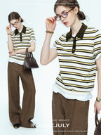chicjuly Cream Chocolate Colorblock Striped Women's Lyocell Silk Short Sleeve T-shirts