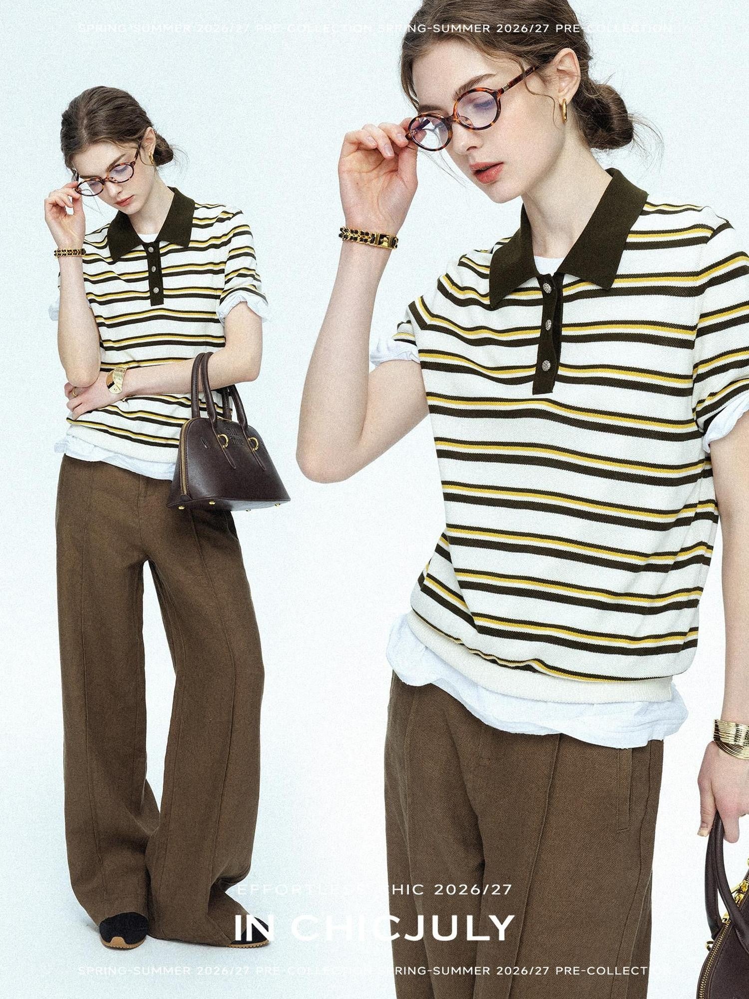 chicjuly Cream Chocolate Colorblock Striped Women's Lyocell Silk Short Sleeve T-shirts