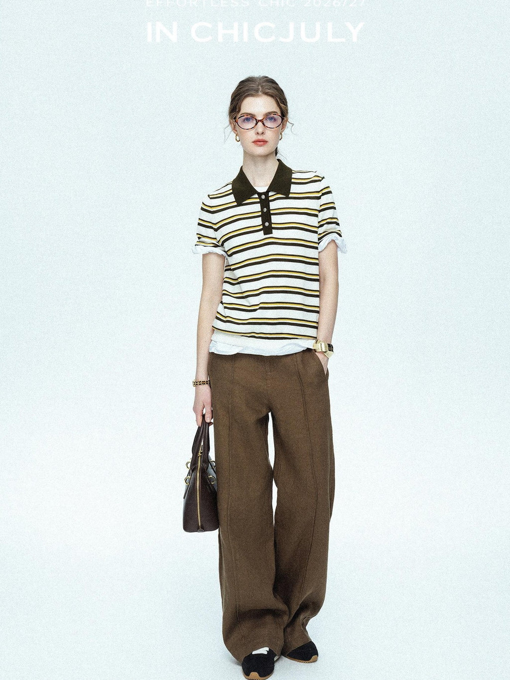 chicjuly Cream Chocolate Colorblock Striped Women's Lyocell Silk Short Sleeve T-shirts