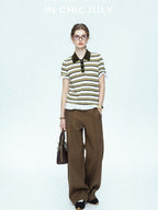 chicjuly Cream Chocolate Colorblock Striped Women's Lyocell Silk Short Sleeve T-shirts