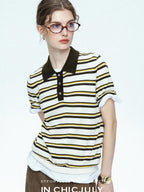 chicjuly Cream Chocolate Colorblock Striped Women's Lyocell Silk Short Sleeve T-shirts