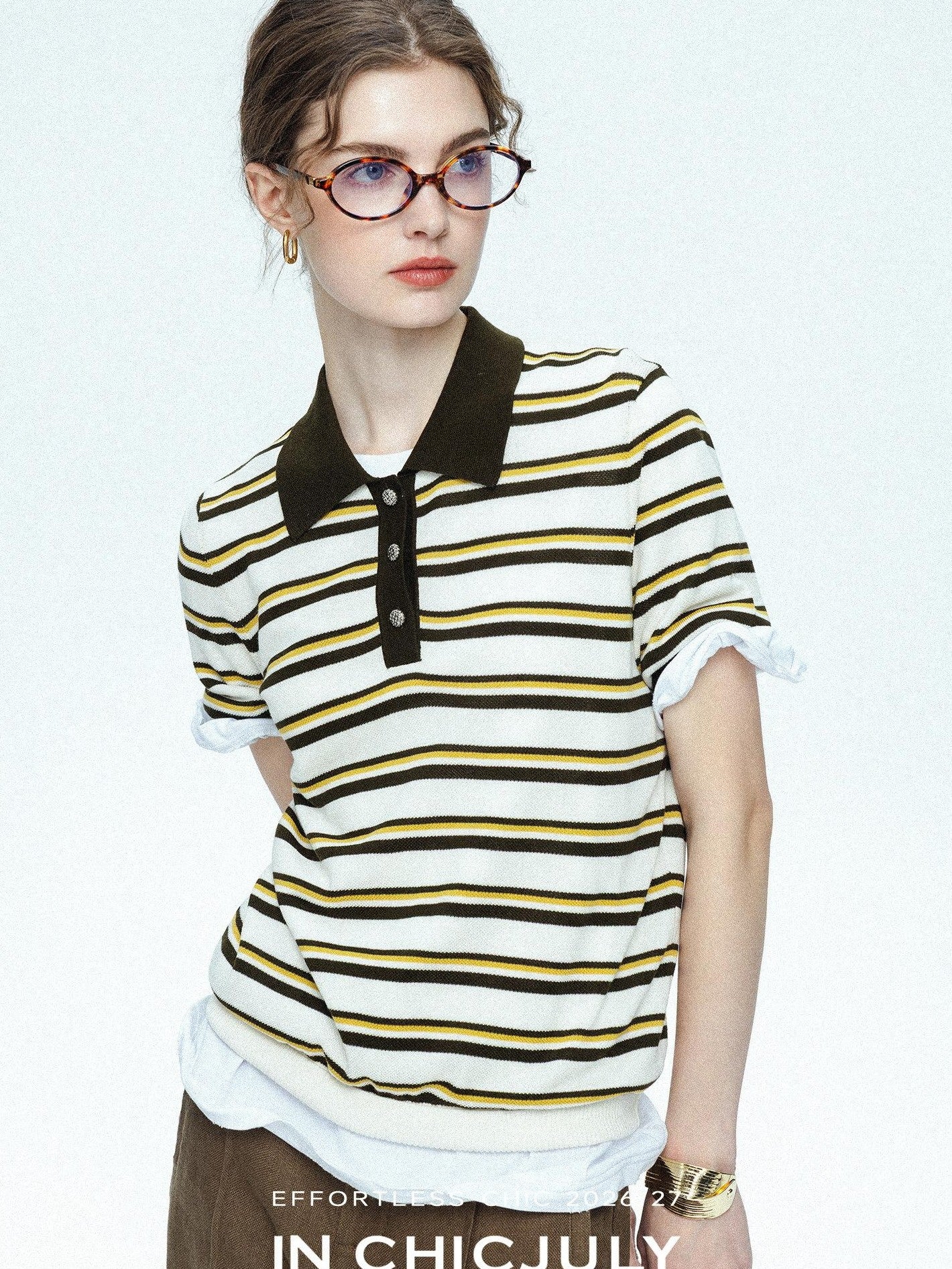 chicjuly Cream Chocolate Colorblock Striped Women's Lyocell Silk Short Sleeve T-shirts