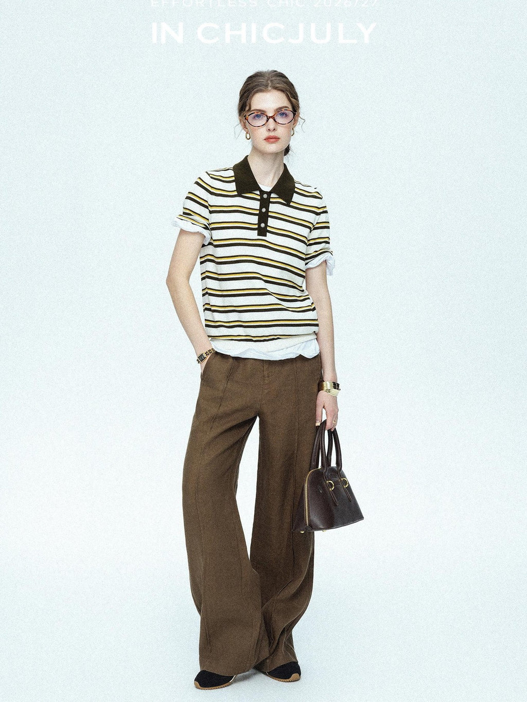 chicjuly Cream Chocolate Colorblock Striped Women's Lyocell Silk Short Sleeve T-shirts