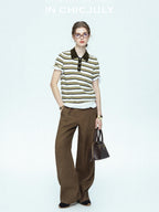 chicjuly Cream Chocolate Colorblock Striped Women's Lyocell Silk Short Sleeve T-shirts
