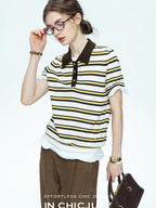 chicjuly Cream Chocolate Colorblock Striped Women's Lyocell Silk Short Sleeve T-shirts