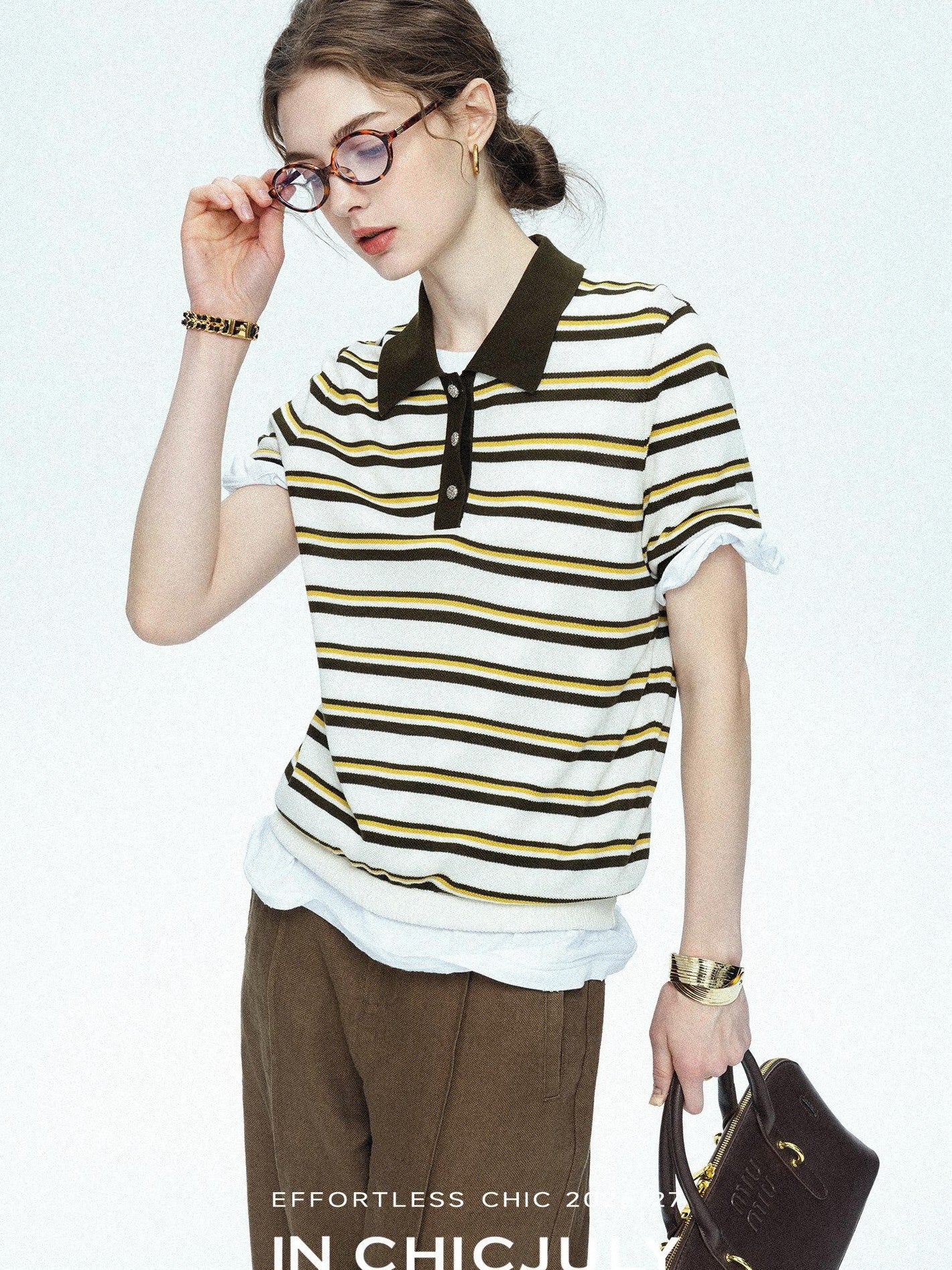 chicjuly Cream Chocolate Colorblock Striped Women's Lyocell Silk Short Sleeve T-shirts