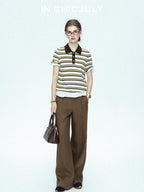 chicjuly Cream Chocolate Colorblock Striped Women's Lyocell Silk Short Sleeve T-shirts