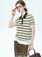 chicjuly Cream Chocolate Colorblock Striped Women's Lyocell Silk Short Sleeve T-shirts