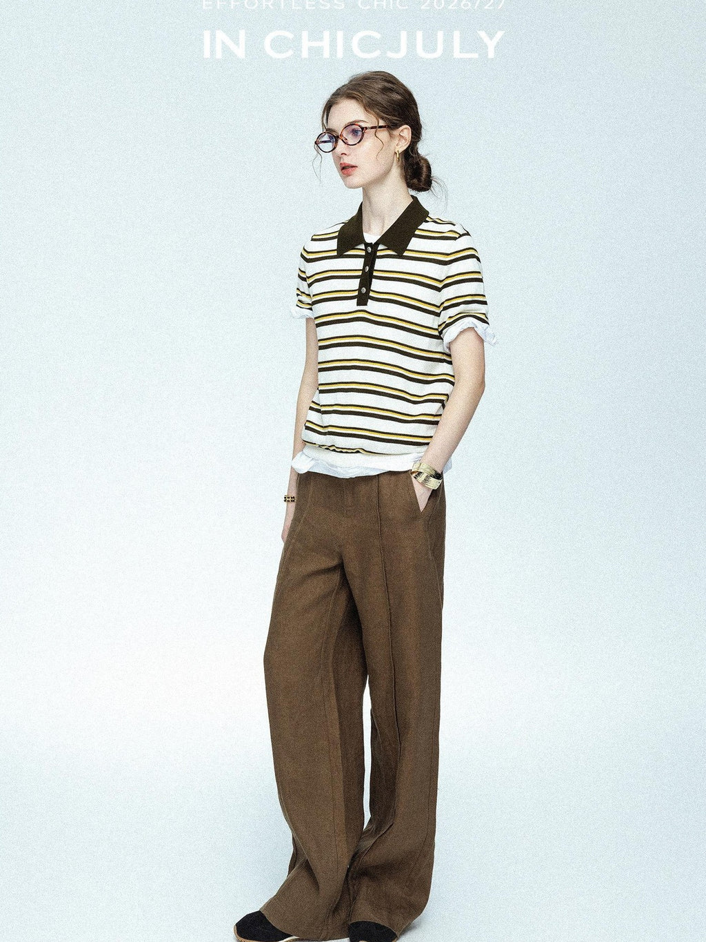 chicjuly Cream Chocolate Colorblock Striped Women's Lyocell Silk Short Sleeve T-shirts