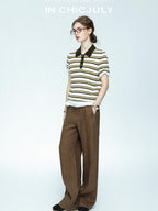 chicjuly Cream Chocolate Colorblock Striped Women's Lyocell Silk Short Sleeve T-shirts