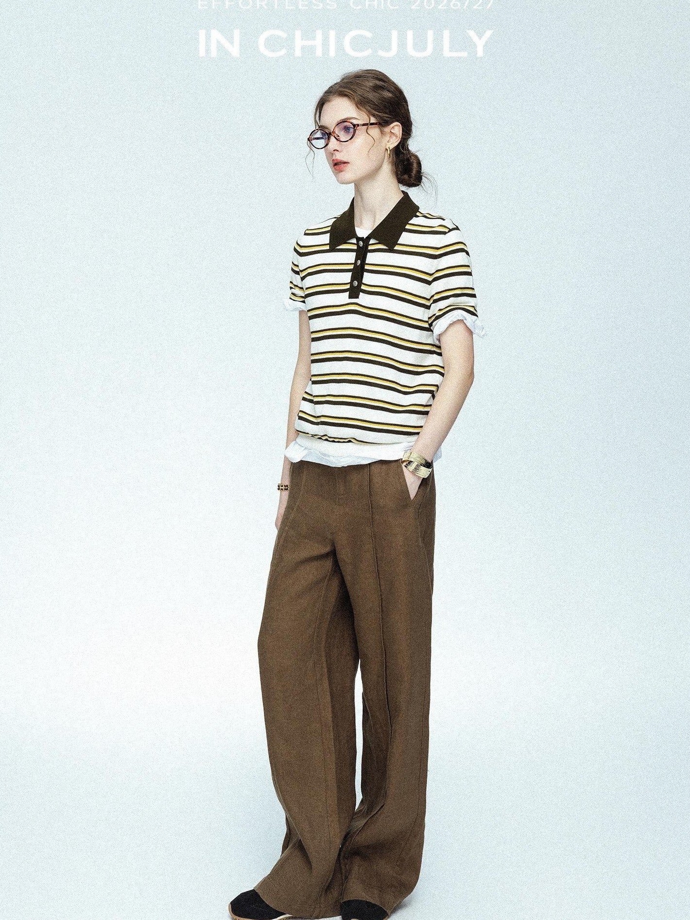 chicjuly Cream Chocolate Colorblock Striped Women's Lyocell Silk Short Sleeve T-shirts