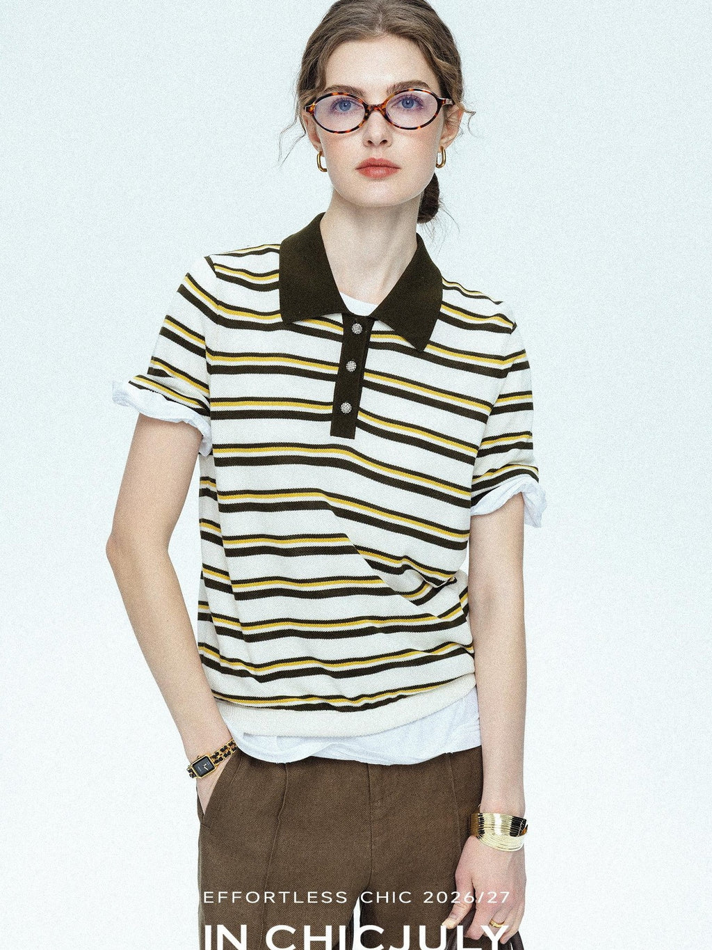 chicjuly Cream Chocolate Colorblock Striped Women's Lyocell Silk Short Sleeve T-shirts