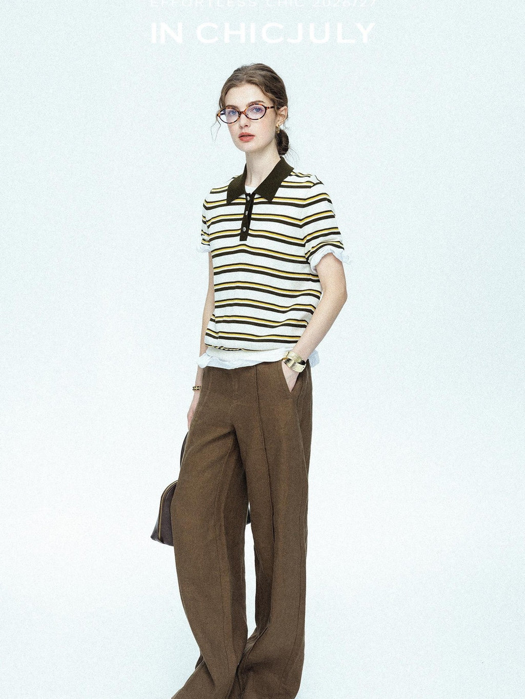 chicjuly Cream Chocolate Colorblock Striped Women's Lyocell Silk Short Sleeve T-shirts