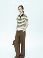 chicjuly Cream Chocolate Colorblock Striped Women's Lyocell Silk Short Sleeve T-shirts