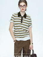chicjuly Cream Chocolate Colorblock Striped Women's Lyocell Silk Short Sleeve T-shirts